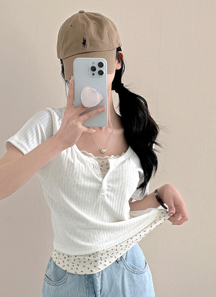 tシャツ USEDサーマル小花プリント ヘンリーネックTシャツ レディース AMBIDEX Store ○USEDサーマル小花プリント ヘンリーネックT